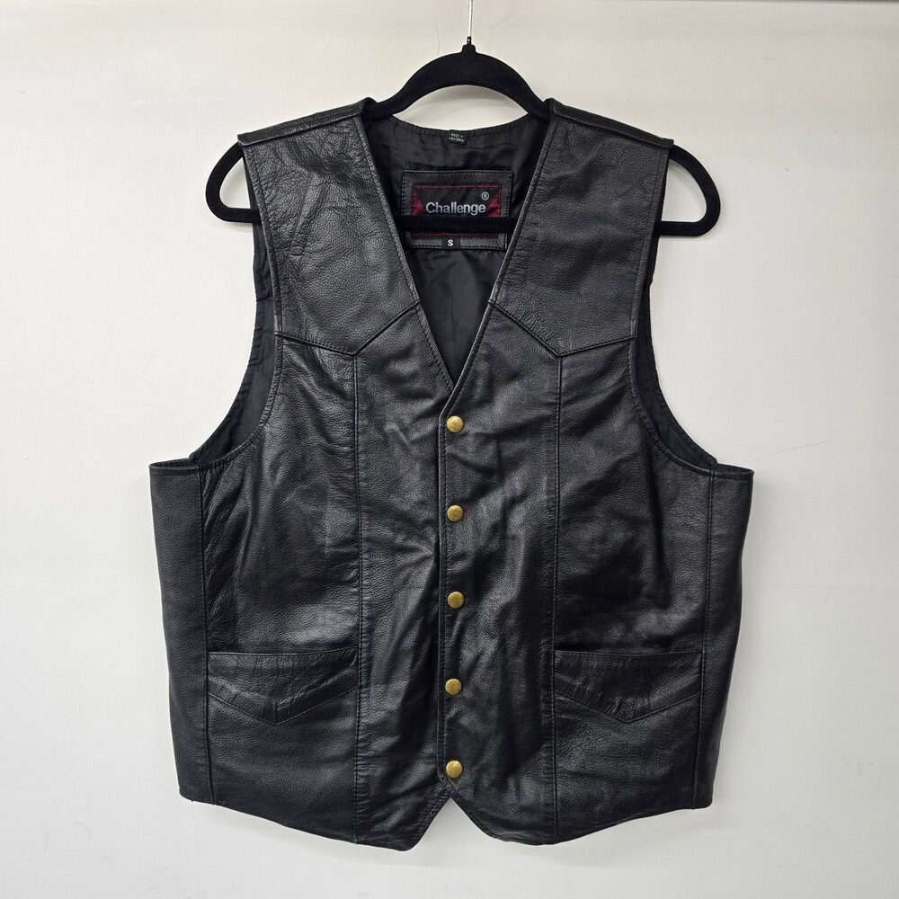 Vintage Challenge Black Leather Snap Front Biker Vest Size S